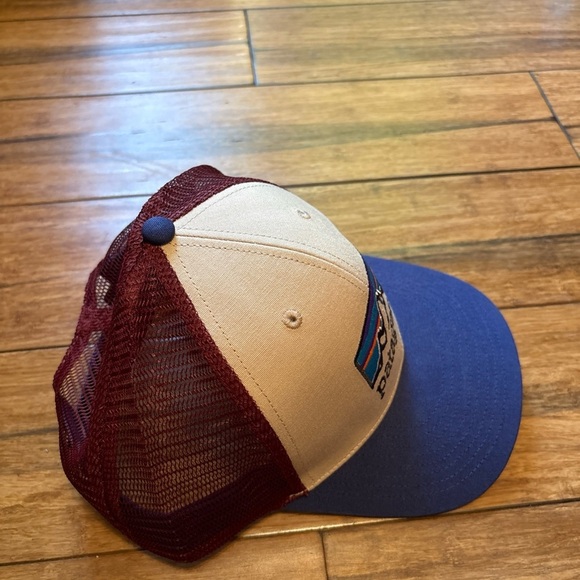 Patagonia Mesh Back Trucker Hat Cap Mountain Logo Patch Blue Maroon Snapback - Picture 7 of 10